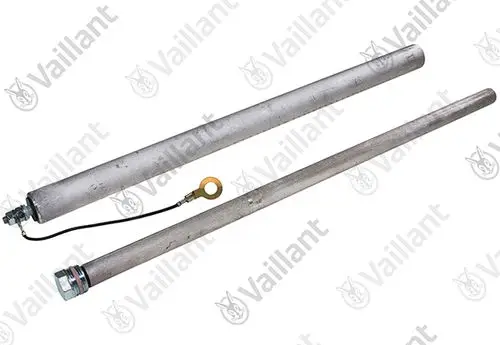 Zwei metallische Heizstäbe mit Anschlüssen, ein Stab verfügt über ein Kabel zum Anschluss. Vaillant Logo im Hintergrund sichtbar.